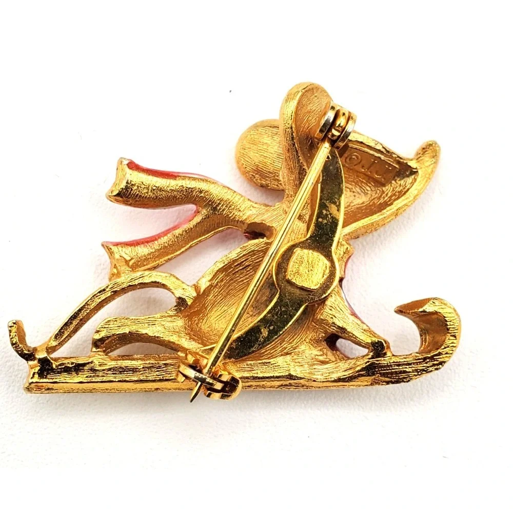 Vintage Mouse on a Sled Purple Sweater Red Scarf Enamel Brooch